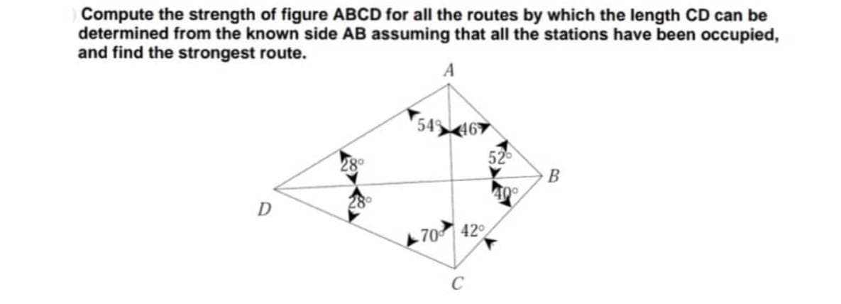 Compute the strength of figure ABCD for all the routes by which the length CD can be
determined from the known side AB assuming that all the stations have been occupied,
and find the strongest route.
A
52
D
70 42
