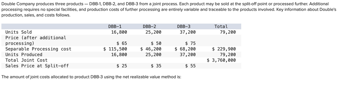 Double Company produces three products - DBB-1, DBB-2, and DBB-3 from a joint process. Each product may be sold at the split-off point or processed further. Additional
processing requires no special facilities, and production costs of further processing are entirely variable and traceable to the products involved. Key information about Double's
production, sales, and costs follows.
Units Sold
Price (after additional
DBB-1
16,800
$65
$ 115,500
16,800
DBB-2
25,200
$ 25
processing)
Separable Processing cost
Units Produced
Total Joint Cost
Sales Price at Split-off
The amount of joint costs allocated to product DBB-3 using the net realizable value method is:
$ 50
$ 46,200
25,200
DBB-3
$ 35
37,200
$75
$ 68,200
37,200
$ 55
Total
79,200
$ 229,900
79,200
$ 3,760,000