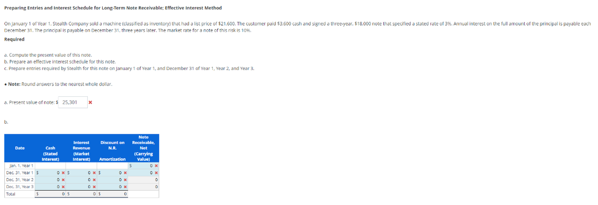 Preparing Entries and Interest Schedule for Long-Term Note Receivable; Effective Interest Method
On January 1 of Year 1, Stealth Company sold a machine (classified as inventory) that had a list price of $21,600. The customer paid $3,600 cash and signed a three-year, $18,000 note that specified a stated rate of 3%. Annual interest on the full amount of the principal is payable each
December 31. The principal is payable on December 31, three years later. The market rate for a note of this risk is 10%.
Required
a. Compute the present value of this note.
b. Prepare an effective interest schedule for this note.
c. Prepare entries required by Stealth for this note on January 1 of Year 1, and December 31 of Year 1, Year 2, and Year 3.
• Note: Round answers to the nearest whole dollar.
a. Present value of note: $ 25,301
b.
Date
Jan. 1. Year 1
Dec. 31, Year 1 $
Dec. 31, Year 2
Dec. 31, Year 3
Total
S
Cash
(Stated
Interest)
0x S
0x
05
x
Interest
Revenue
(Market
Interest)
Discount on
N.R.
Amortization
0x $
0 x
0x
05
0x
0x
0x
0
Note
Receivable,
Net
(Carrying
Value)
$
0x
0 x
0
0
