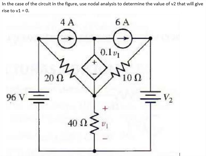 In the case of the circuit in the figure, use nodal analysis to determine the value of v2 that will give
rise to v1 = 0.
4 A
6 A
0.1v
20 N
10 Ω
96 V
V2
40 N.
+
