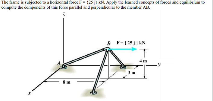 The frame is subjected to a horizontal force F = {25 j} kN. Apply the learned concepts of forces and equilibrium to
compute the components of this force parallel and perpendicular to the member AB.
B F= { 25 j } kN
4 m
A
3 m
8 m
