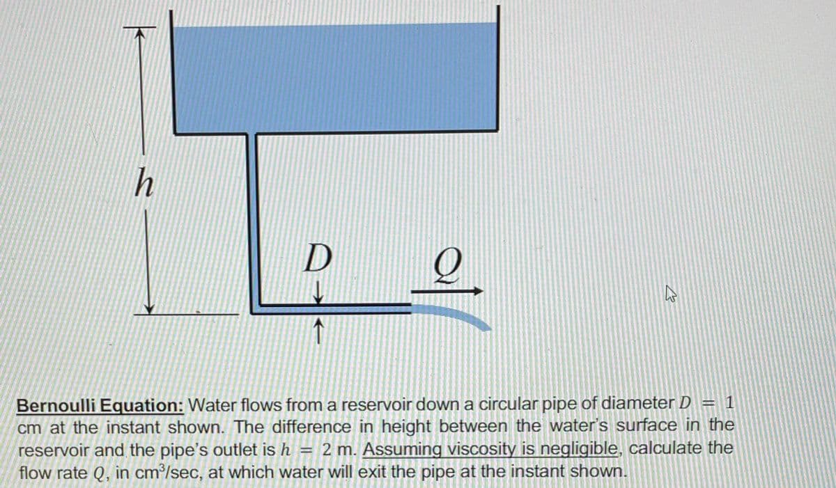 h
T
D
ol
B
Bernoulli Equation: Water flows from a reservoir down a circular pipe of diameter D = 1
cm at the instant shown. The difference in height between the water's surface in the
reservoir and the pipe's outlet is h = 2 m. Assuming viscosity is negligible, calculate the
flow rate Q, in cm³/sec, at which water will exit the pipe at the instant shown.