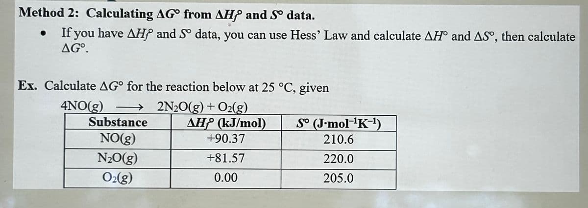 Method 2: Calculating AG from AH and Sº data.
● If you have AHP and So data, you can use Hess' Law and calculate AH and AS, then calculate
AGº.
Ex. Calculate AG for the reaction below at 25 °C, given
4NO(g) →→→→→2N₂O(g) + O₂(g)
AH (kJ/mol)
+90.37
+81.57
0.00
Substance
NO(g)
N₂O(g)
O₂(g)
So (J.mol-¹K-¹)
210.6
220.0
205.0