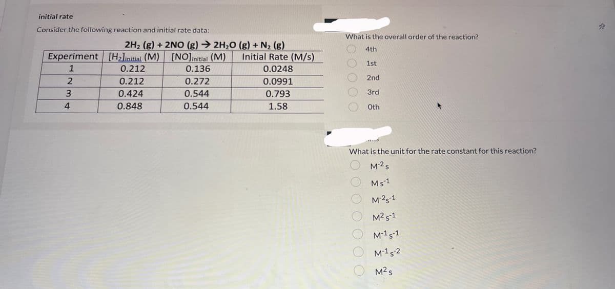 initial rate
Consider the following reaction and initial rate data:
Experiment
1
2
134
2H₂(g) + 2NO (g) → 2H₂O (g) + N₂ (g)
[NO] initial (M)
0.136
[H₂]initial (M)
0.212
0.212
0.424
0.848
0.272
0.544
0.544
Initial Rate (M/s)
0.0248
0.0991
0.793
1.58
What is the overall order of the reaction?
4th
1st
DOOOOOO
2nd
3rd
Oth
What is the unit for the rate constant for this reaction?
M-2 s
Ms-1
M-25-1
M² S-1
M-15-1
M-15-2
M²s