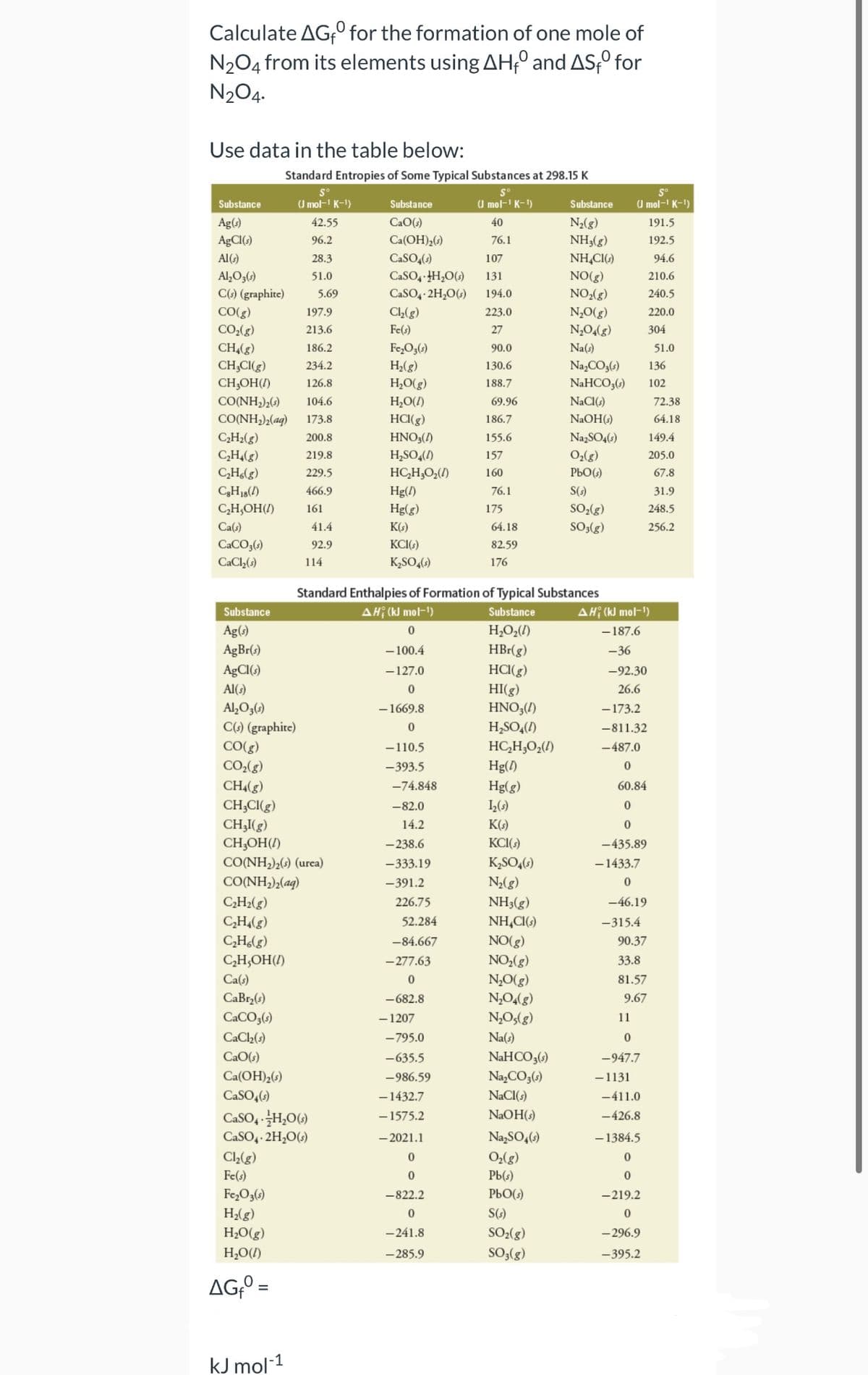 Calculate AG for the formation of one mole of
N₂O4 from its elements using AH and ASfº for
N₂O4.
Use data in the table below:
Substance
Ag(s)
AgCl(s)
Al(s)
Al₂O3(s)
C(s) (graphite)
(8)
CO₂(g)
CH₂(g)
CH₂Cl(g)
CH₂OH(1)
C₂H₂(g)
C₂H4(g)
C₂H6(g)
C8H18 (7)
C₂H₂OH(1)
Ca(s)
CaCO3(s)
CaCl₂(s)
197.9
213.6
186.2
234.2
126.8
CO(NH,),(s) 104.6
CO(NH,),(aq) 173.8
200.8
219.8
229.5
466.9
161
CO(g)
CO₂(g)
CH4(g)
Substance
Ag(s)
AgBr(s)
AgCl(s)
Al(s)
Al₂O3(s)
C(s) (graphite)
Standard Entropies of Some Typical Substances at 298.15 K
Sº
(J mol-¹ K-¹)
40
76.1
107
C₂H₂(g)
C₂H4(g)
C₂H6(g)
C₂H,OH(1)
Ca(s)
CaBr₂(s)
CaCO3(s)
CaCl₂(s)
CaO(s)
Cl₂(g)
Fe(s)
Sᵒ
(J mol-¹ K-¹)
Fe₂O3(s)
H₂(g)
H₂O(g)
H₂O(1)
AGO =
CH₂Cl(g)
CH₂I(g)
CH₂OH(1)
CO(NH₂)2(s) (urea)
CO(NH,),(aq)
kJ mol-1
42.55
96.2
28.3
51.0
Ca(OH)₂(s)
CaSO4(s)
CaSO4 H₂O(s)
CaSO4-2H₂O(s)
5.69
41.4
92.9
114
Substance
CaO(s)
Ca(OH)₂(s)
CaSO4(s)
CaSO4+H₂O(s) 131
CaSO4-2H₂O(s) 194.0
223.0
27
Cl₂(g)
Fe(s)
Fe₂O3(s)
H₂(g)
H₂O(g)
H₂O(1)
HCI(g)
HNO3(1)
H₂SO4(1)
HC,H,O,(0)
Hg(1)
Hg(g)
K(s)
KCI(s)
K₂SO4(s)
-74.848
-82.0
14.2
-238.6
-333.19
-391.2
226.75
52.284
-84.667
-277.63
0
-682.8
-1207
Standard Enthalpies of Formation of Typical Substances
AH; (kJ mol-¹)
Substance
0
- 100.4
- 127.0
0
- 1669.8
0
-110.5
-393.5
-795.0
-635.5
-986.59
90.0
130.6
188.7
-1432.7
-1575.2
-2021.1
0
0
-822.2
0
-241.8
-285.9
69.96
186.7
155.6
157
160
76.1
175
64.18
82.59
176
H₂O₂(1)
HBr(g)
HCI(g)
HI(g)
HNO3(1)
H₂SO4(1)
HC,H,O,(0)
Hg(1)
Hg(g)
1₂ (s)
K(s)
KCI(s)
K₂SO4(s)
N₂(g)
NH3(g)
NH₂Cl(s)
NO(g)
NO₂(g)
N₂O(g)
N₂O4(g)
N₂O5(g)
Na(s)
NaHCO3(s)
Na₂CO3(s)
NaCl(s)
NaOH(s)
Na₂SO4(s)
0₂(8)
Pb(s)
Substance
N₂(g)
NH3(g)
NH₂Cl(s)
NO(g)
NO₂(g)
N₂O(g)
N₂O4(g)
Na(s)
PbO(s)
S(s)
SO₂(g)
SO3(g)
Na₂CO3(s)
NaHCO3(s)
NaCl(s)
NaOH(s)
Na₂SO4(s)
O₂(g)
PbO(s)
S(s)
SO₂(g)
SO3(g)
Sº
(J mol-¹ K-¹)
191.5
192.5
94.6
210.6
240.5
220.0
304
AH; (kJ mol-¹)
-187.6
-36
-1433.7
0
-46.19
-92.30
26.6
- 173.2
-811.32
-487.0
0
60.84
0
0
-435.89
-315.4
90.37
33.8
81.57
9.67
11
0
-947.7
-1131
136
102
-411.0
-426.8
- 1384.5
0
0
-219.2
0
-296.9
-395.2
51.0
149.4
205.0
67.8
31.9
248.5
256.2
72.38
64.18