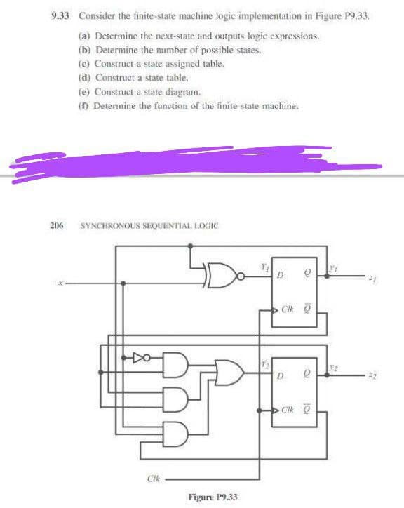 9.33 Consider the finite-state machine logic implementation in Figure P9.33.
(a) Determine the next-state and outputs logic expressions.
(b) Determine the number of possible states.
(c) Construct a state assigned table.
(d) Construct a state table.
206
(e) Construct a state diagram.
(f) Determine the function of the finite-state machine.
SYNCHRONOUS SEQUENTIAL LOGIC
DO
Cik
Figure P9.33
D e
Clk Q
D
O
Clk Q
B