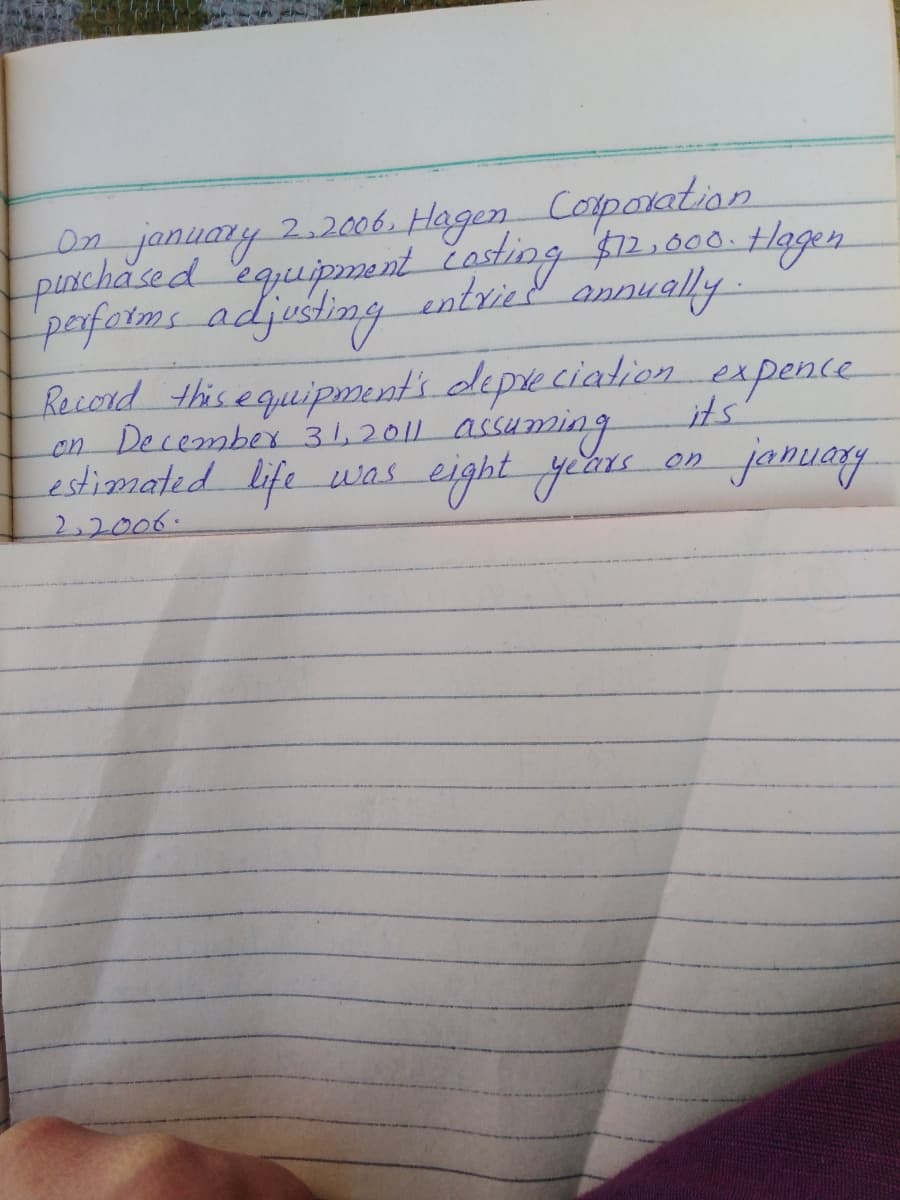 On january 2.2006. Hlagen Coparation
pinchased quipment časting 12.000.tlagen
adjusting entried annually
Recerd thisequipment's depte.ciatien expence
its
perfoims
on December 31,2011 assumng
estimated life was eight yens
on
2.2006.
