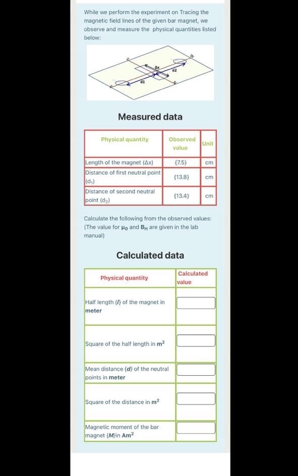 While we perform the experiment on Tracing the
magnetic fieid lines of the given bar magnet, we
observe and measure the physical quantities listed
below:
Measured data
Physical quantity
Observed
Unit
value
Length of the magnet (Ax)
Distance of first neutral point
(d)
Distance of second neutral
point (d2)
{7.5)
cm
(13.8)
cm
{13.4)
cm
Calculate the following from the observed values:
(The value for Ho and BH are given in the lab
manual)
Calculated data
Calculated
Physical quantity
value
Half length (I) of the magnet in
meter
Square of the half length in m?
Mean distance (d) of the neutral
points in meter
Square of the distance in m?
Magnetic moment of the bar
magnet (M)in Am?
