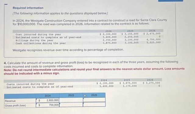 Required information
[The following information applies to the questions displayed below.)
In 2024, the Westgate Construction Company entered into a contract to construct a road for Santa Clara County
for $10,000,000. The road was completed in 2026. Information related to the contract is as follows:
Cost incurred during the year
Estimated costs to complete as of year-end
Billings during the year
Cash collections during the year
Westgate recognizes revenue over time according to percentage of completion.
Costs incurred during the year
Estimated costs to complete as of year-end
Revenue
Gross profit (loss)
$
$
4. Calculate the amount of revenue and gross profit (loss) to be recognized in each of the three years, assuming the following
costs incurred and costs to complete information.
Note: Do not round intermediate calculations and round your final answers to the nearest whole dollar amount. Loss amounts
should be indicated with a minus sign.
2024
2,800,000
700,000
2025
2024
$ 2,100,000
5,400,000
2,150,000
1,875,000
+
2025
$3,150,000
2,250,000
3,100,000
3,100,000
2024
$2,100,000
5,400,000
2026
2026
$2,475,000
2025
$3,875,000
3,175,000
4,750,000
5,025,000
2026
$3,275,000
0