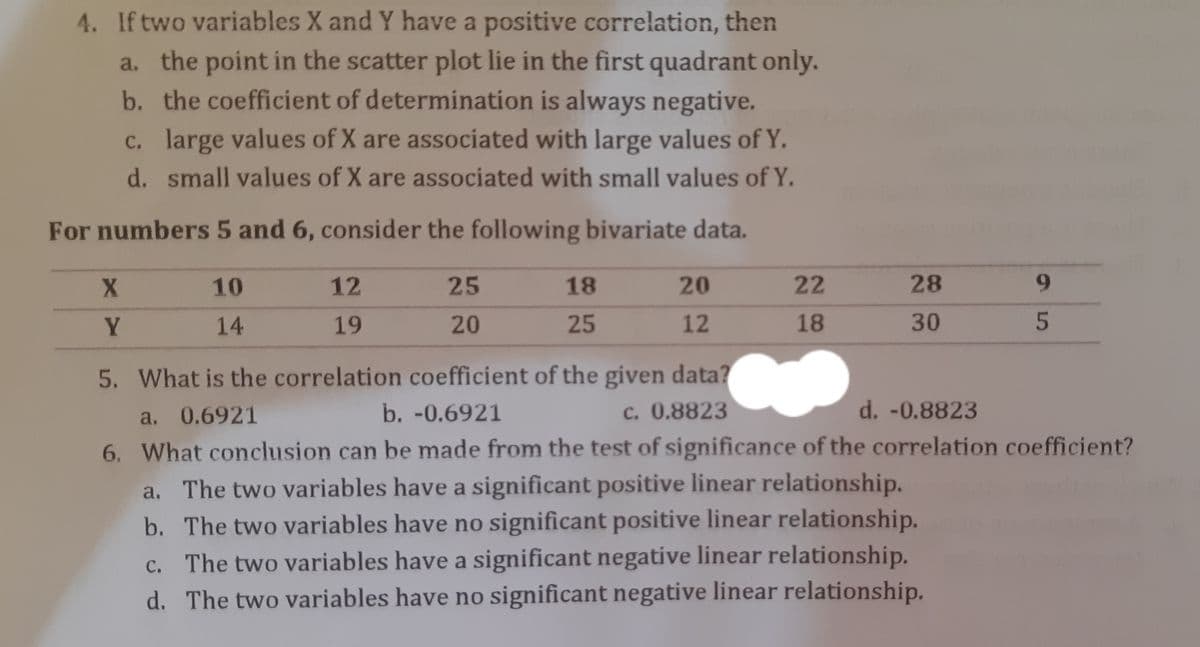 4. If two variables X and Y have a positive correlation, then
a. the point in the scatter plot lie in the first quadrant only.
b. the coefficient of determination is always negative.
c. large values of X are associated with large values of Y.
d. small values of X are associated with small values of Y.
For numbers 5 and 6, consider the following bivariate data.
10
12
25
18
20
22
28
Y
14
19
20
25
12
18
30
5. What is the correlation coefficient of the given data?
c. 0.8823
d. -0.8823
a. 0.6921
6. What conclusion can be made from the test of significance of the correlation coefficient?
b. -0.6921
a. The two variables have a significant positive linear relationship.
b. The two variables have no significant positive linear relationship.
c. The two variables have a significant negative linear relationship.
d. The two variables have no significant negative linear relationship.
95
