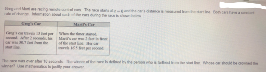 Greg and Marti are racing remote control cars. The race starts at = 0 and the car's distance is measured from the start line. Both cars have a constant
rate of change. Information about each of the cars during the race is shown below.
%3D
Greg's Car
Marti's Car
Greg's car travels 13 feet per When the timer started,
second. After 2 seconds, his
car was 30.7 feet from the
start line.
Marti's car was 2 feet in front
of the start line. Her car
travels 16.5 feet per second.
The race was over after 10 seconds. The winner of the race is defined by the person who is farthest from the start line. Whose car should be crowned the
winner? Use mathematics to justify your answer.
