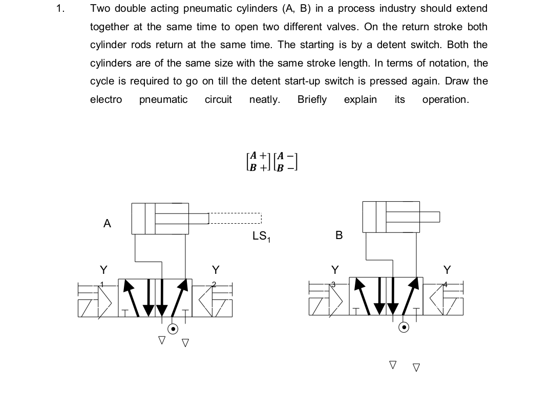 1.
Two double acting pneumatic cylinders (A, B) in a process industry should extend
together at the same time to open two different valves. On the return stroke both
cylinder rods return at the same time. The starting is by a detent switch. Both the
cylinders are of the same size with the same stroke length. In terms of notation, the
cycle is required to go on till the detent start-up switch is pressed again. Draw the
electro
pneumatic
circuit
neatly.
Briefly
explain
its
operation.
LB +J LB
A
В
Y
Y
Y
Y
V
