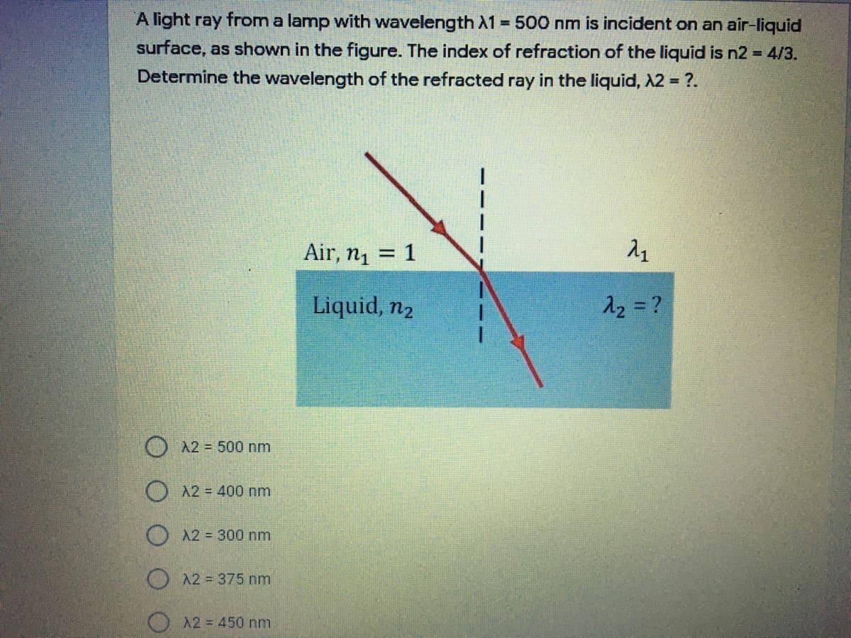 A light ray from a lamp with wavelength A1
surface, as shown in the figure. The index of refraction of the liquid is n2 4/3.
- 500 nm is incident on an air-liquid
Determine the wavelength of the refracted ray in the liquid, A2 ?.
Air, n1 = 1
Liquid, n2
12 = ?
O A2 = 500 nm
O A2 = 400 nm
O A2 = 300 nm
OA2 375 nm
A2 = 450 nm
