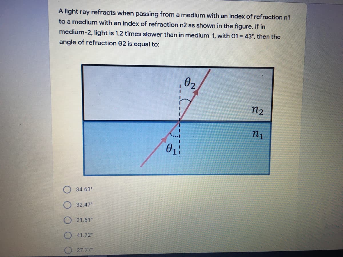 A light ray refracts when passing from a medium with an index of refraction n1
to a medium with an index of refraction n2 as shown in the figure. If in
medium-2, light is 1.2 times slower than in medium-1, with 01 = 43°, then the
angle of refraction 02 is equal to:
02
n2
34.63°
32.47°
21.51°
41.72°
27.77°
