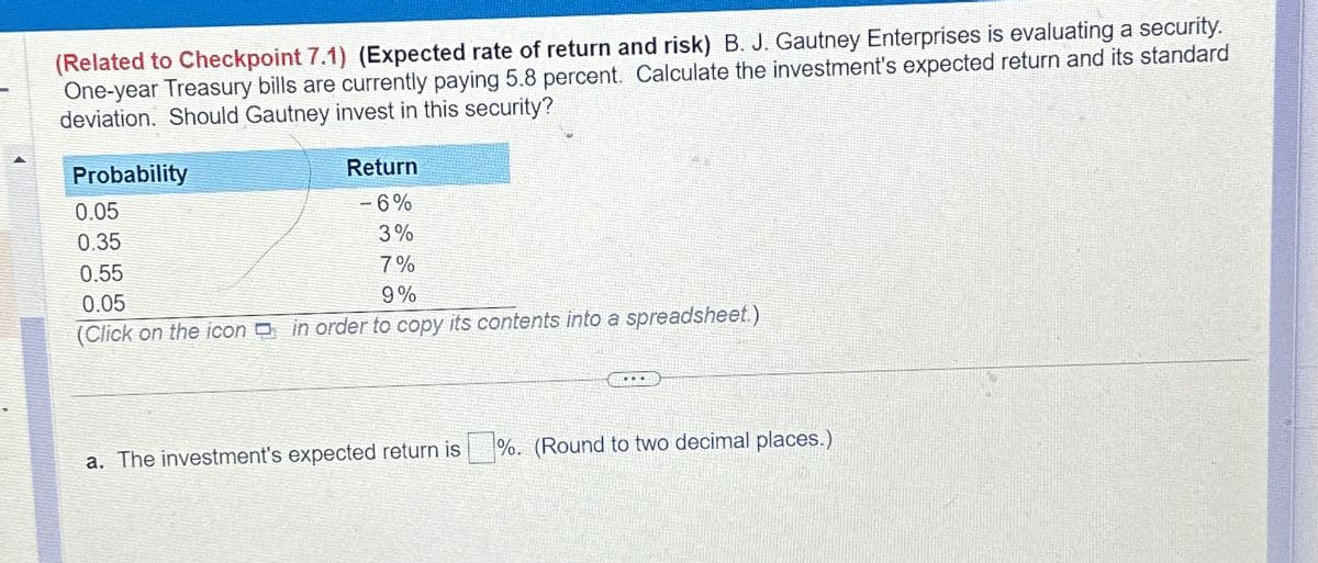 (Related to Checkpoint 7.1) (Expected rate of return and risk) B. J. Gautney Enterprises is evaluating a security.
One-year Treasury bills are currently paying 5.8 percent. Calculate the investment's expected return and its standard
deviation. Should Gautney invest in this security?
Return
-6%
3%
7%
9%
Probability
0.05
0.35
0.55
0.05
(Click on the icon in order to copy its contents into a spreadsheet.)
a. The investment's expected return is
...
%. (Round to two decimal places.)