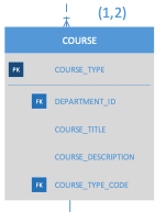 (1,2)
COURSE
PK
COURSE TYPE
FX DEPARTMENT ID
COURSE TITLE
COURSE DESCRIPTION
FK COURSE TYPE_CODE
