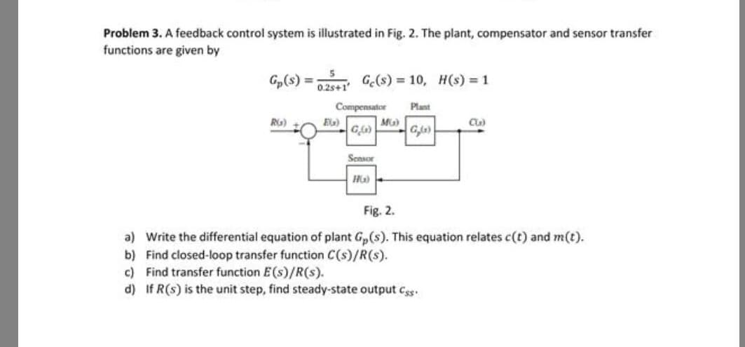 Problem 3. A feedback control system is illustrated in Fig. 2. The plant, compensator and sensor transfer
functions are given by
Gp(s) = 0+1' Gc(s) = 10, H(s) = 1
0.25+1'
Plant
RG)
Compensator
G(s)
EG)
Sensor
HG)
MG)
G₂G)
CL)
Fig. 2.
a) Write the differential equation of plant Gp(s). This equation relates c(t) and m(t).
b) Find closed-loop transfer function C(s)/R(s).
c) Find transfer function E(s)/R(s).
d) If R(s) is the unit step, find steady-state output Cgs.