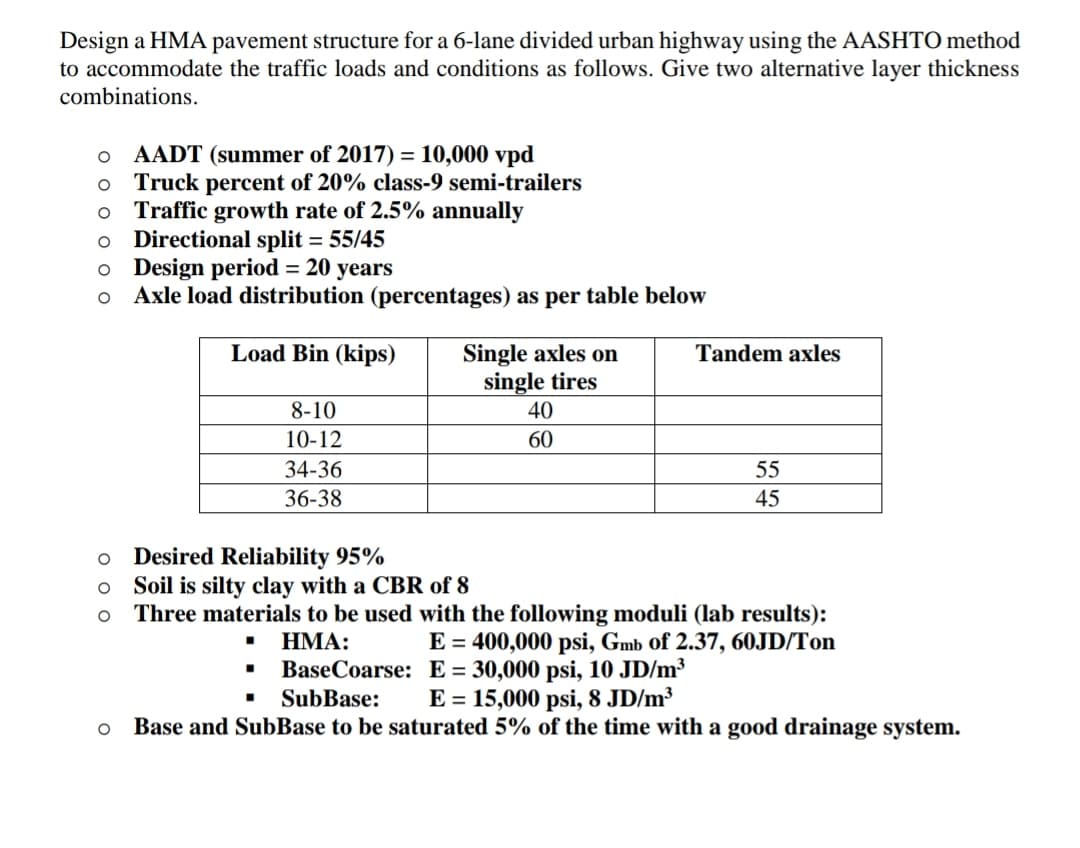 Design a HMA pavement structure for a 6-lane divided urban highway using the AASHTO method
to accommodate the traffic loads and conditions as follows. Give two alternative layer thickness
combinations.
AADT (summer of 2017) = 10,000 vpd
Truck percent of 20% class-9 semi-trailers
Traffic growth rate of 2.5% annually
Directional split = 55/45
o Design period = 20 years
Axle load distribution (percentages) as per table below
Load Bin (kips)
Single axles on
single tires
40
Tandem axles
8-10
10-12
60
34-36
55
36-38
45
o Desired Reliability 95%
Soil is silty clay with a CBR of
Three materials to be used with the following moduli (lab results):
НМА:
E = 400,000 psi, Gmb of 2.37, 60JD/Ton
BaseCoarse: E = 30,000 psi, 10 JD/m³
E = 15,000 psi, 8 JD/m³
Base and SubBase to be saturated 5% of the time with a good drainage system.
SubBase:
ооо о о
