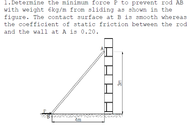 prevent
AB
with weight 6kg/m from sliding as shown in the
figure. The contact surface at B is smooth whereas
the coefficient of static friction between the rod
and the wall at A is 0.20.
AT
