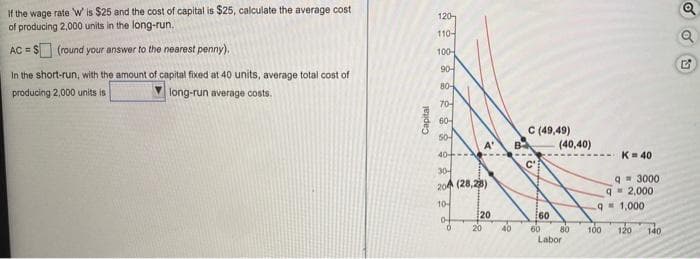 if the wage rate W is $25 and the cost of capital is $25, calculate the average cost
of producing 2,000 units in the long-run.
AC = $ (round your answer to the nearest penny),
In the short-run, with the amount of capital fixed at 40 units, average total cost of
producing 2,000 units is
long-run average costs.
Capital
120-
110-
100-
90-
80-
70-
60-
50-
40+3
30-
204 (28,28)
10
04
T
A'
20
20
40
B
C (49,49)
C'
60
60
(40,40)
80
Labor
K = 40
q=3000
q=2,000
q 1,000
100
120 140
OU