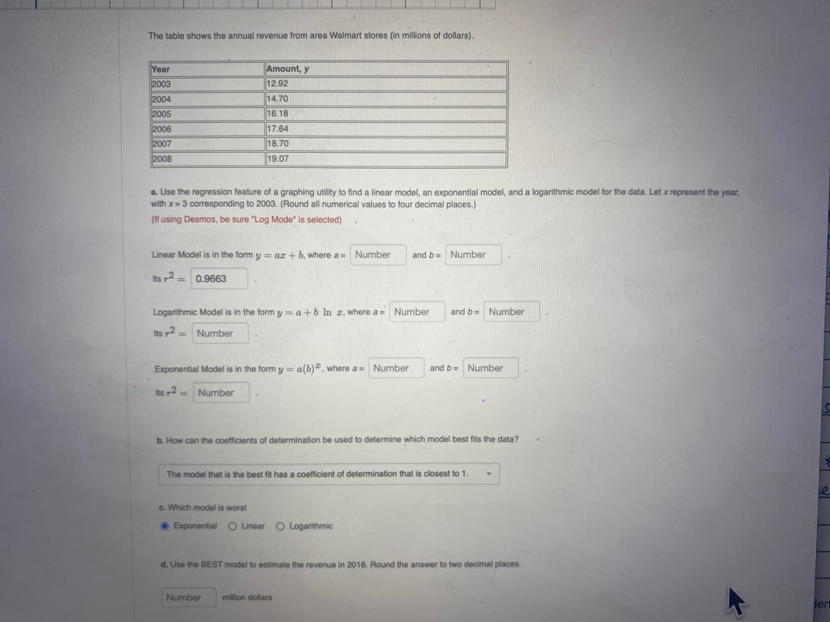 The table shows the annual revenue from area Walmart stores (in millions of dollars).
Year
Amount, y
2003
12.92
14.70
16.18
2004
2005
2006
17.64
2007
18.70
2008
19.07
a. Use the regression feature of a graphing utility to find a linear model, an exponential model, and a logarithmic model for the data. Let x represent the year,
with x= 3 corresponding to 2003. (Round all numerical values to four decimal places.)
(If using Desmos, be sure "Log Mode" is selected)
Linear Model is in the form y = az + b, where a = Number
and b= Number
Its 2
0.9663
%3D
Logarithmic Model is in the form y = a+b In z, where a =
Number
and b= Number
Its 2 =
Number
Exponential Model is in the form y = a(b), where a= Number
and b= Number
Its r? = Number
b. How can the coefficients of determination be uséd to determine which model best fits the data?
The model that is the best fit has a coefficient of determination that is closest to 1.
C. Which model is worst
O Exponential
O Linear O Logarithmic
d. Use the BEST model to estimate the revenue in 2016. Round the answer to two decimal places.
Number
million dollars
der
