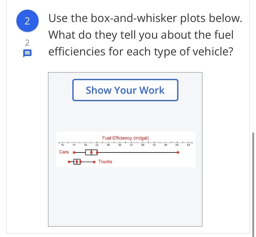 2
Use the box-and-whisker plots below.
What do they tell you about the fuel
2
efficiencies for each type of vehicle?
Show Your Work
Fuel Efficiency (mi/gal)
10
14
18
22
26
30
34
38
42
46
50
54
Cars
Trucks
