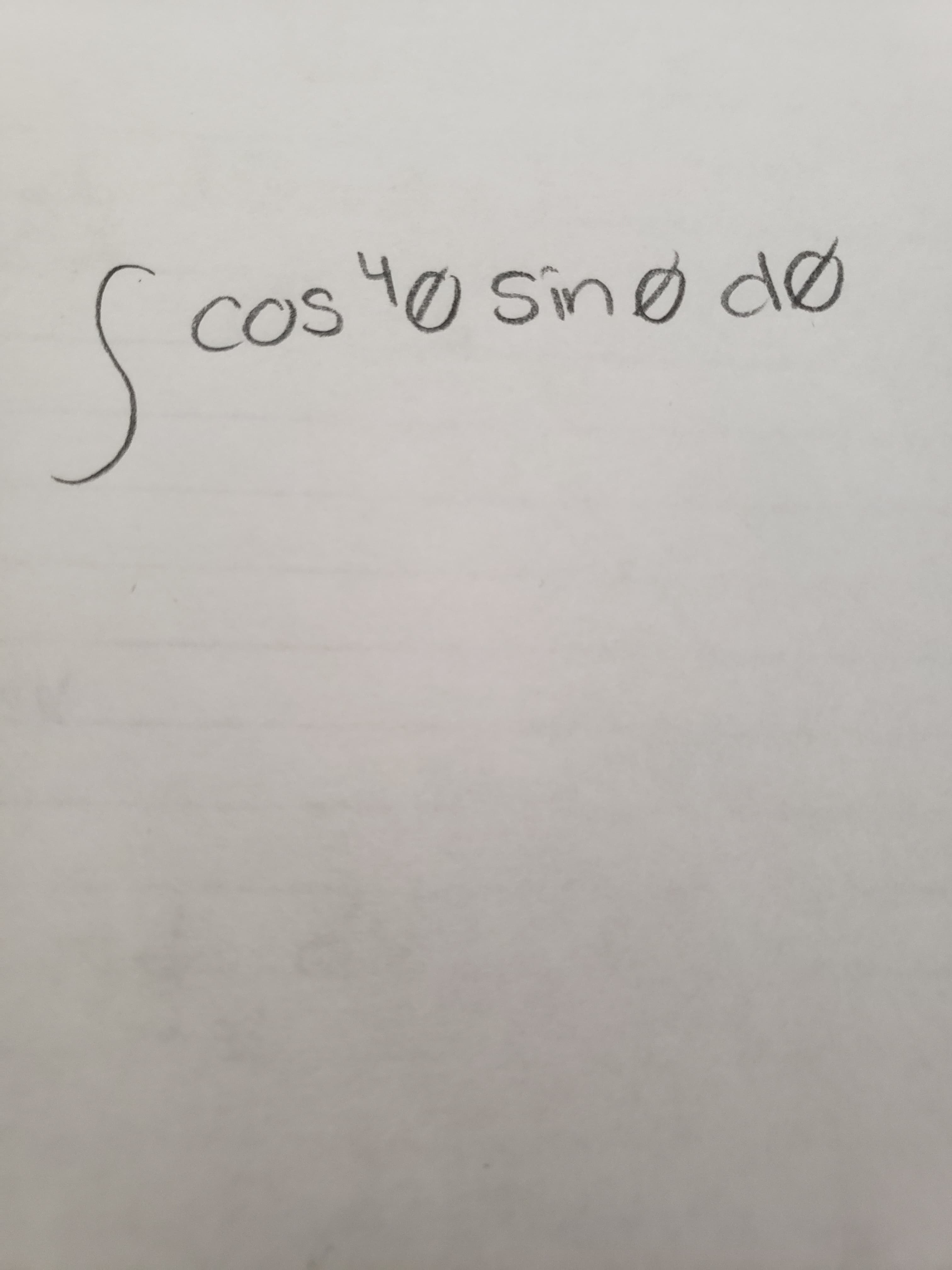 This mathematical expression is an integral involving trigonometric functions. The expression reads as follows:

\[ \int \cos^4(\theta) \sin(\theta) \, d\theta \]

Here is the breakdown of the components in the expression:

1. **Integral Symbol (\(\int\))**: Indicates that the expression is an integral.
2. **\(\cos^4(\theta)\)**: Represents the cosine function raised to the power of 4, with \(\theta\) as the variable.
3. **\(\sin(\theta)\)**: Represents the sine function of \(\theta\).
4. **\(d\theta\)**: Indicates that the integration is with respect to the variable \(\theta\).

To solve or analyze this integral, one might use techniques such as trigonometric identities or substitution. This particular integral may require knowledge of advanced integral calculus methods.