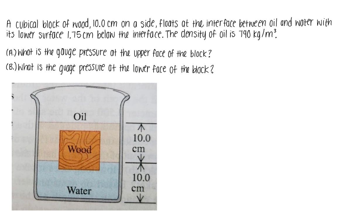 ### Problem Statement

A cubical block of wood, 10.0 cm on a side, floats at the interface between oil and water with its lower surface 1.75 cm below the interface. The density of oil is 790 kg/m³.

##### Questions:
(A) What is the gauge pressure at the upper face of the block?
(B) What is the gauge pressure at the lower face of the block?

### Diagram Explanation

The accompanying diagram shows a container with oil on top and water at the bottom. A cubical block of wood is placed such that it floats, with part of it submerged in oil and a part submerged in water. The block is 10.0 cm tall. The interface between the oil and water is clearly marked. The lower surface of the wood is shown to be 1.75 cm below this oil-water interface.

### Calculation Steps

In order to solve the given problem, we need to follow these steps:

1. **Identify the pressurized points**: 
   - The upper face of the wood block
   - The lower face of the wood block

2. **Calculate the pressure exerted by the oil column on the upper face of the wood block**:
   - **Height of oil column above the upper face of the block**: This would be the total height the wood is submerged in oil.
   
3. **Calculate the pressure at the lower face**: 
   - **Gauge pressure at lower face**: Sum of the pressure contributions of both the oil column and the water column.

Parameters to use:
- Density of oil: \(\rho_{oil} = 790 \; \text{kg/m}^3\)
- Gravitational acceleration: \(g \approx 9.81 \; \text{m/s}^2\)
- Height or thickness of oil above upper face: \(h = 10.0 \; \text{cm} - 1.75 \; \text{cm} = 8.25 \; \text{cm}\)
- Depth of lower face below the interface: \(1.75 \; \text{cm} + 10.0 \; \text{cm} = 11.75 \; \text{cm}\)

This approach ensures a step-by-step thorough understanding, aiding students in grasping the concepts related to buoyancy and pressure in fluids.