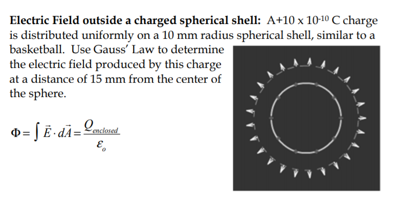 Electric Field outside a charged spherical shell: A+10 x 10-10 C charge
is distributed uniformly on a 10 mm radius spherical shell, similar to a
basketball. Use Gauss' Law to determine
the electric field produced by this charge
at a distance of 15 mm from the center of
the sphere.
enclosed
E
,
