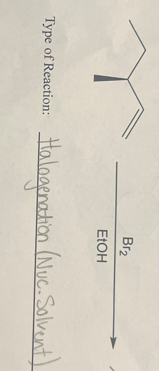 Type of Reaction:
Br₂
EtOH
Halogenation (Nuc. Solvent)