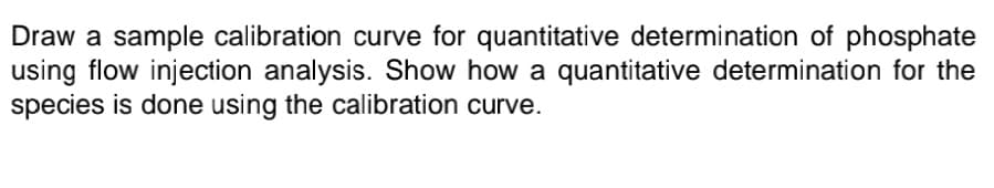 Draw a sample calibration curve for quantitative determination of phosphate
using flow injection analysis. Show how a quantitative determination for the
species is done using the calibration curve.
