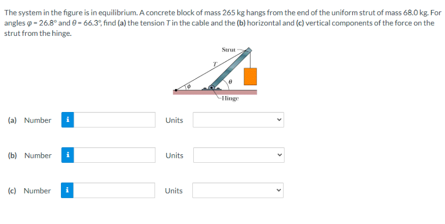 The system in the figure is in equilibrium. A concrete block of mass 265 kg hangs from the end of the uniform strut of mass 68.0 kg. For
angles = 26.8° and 0 = 66.3°, find (a) the tension T in the cable and the (b) horizontal and (c) vertical components of the force on the
strut from the hinge.
(a) Number
(b) Number
(c) Number
i
Strut
A
-Hinge
Units
Units
Units
<