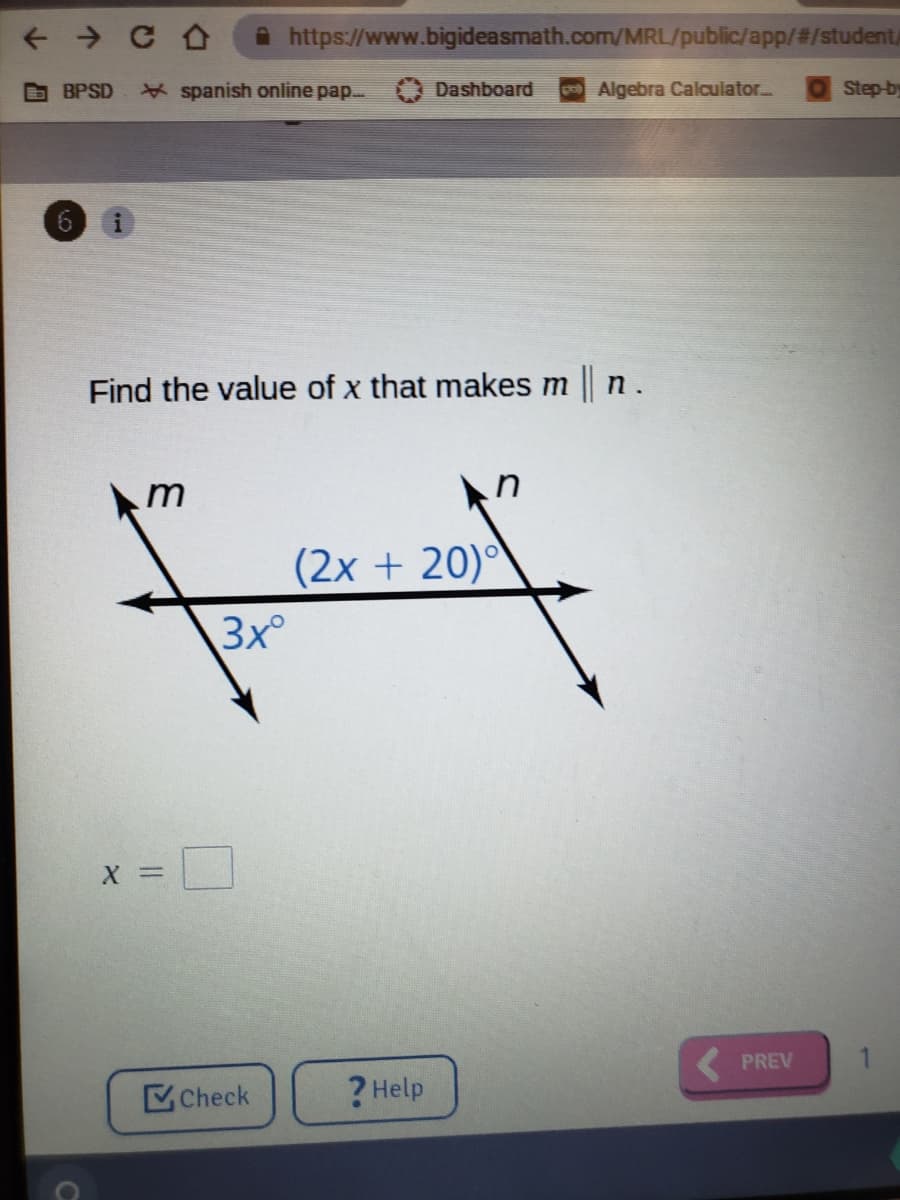 Find the value of x that makes m n
(2x + 20)°
3x
