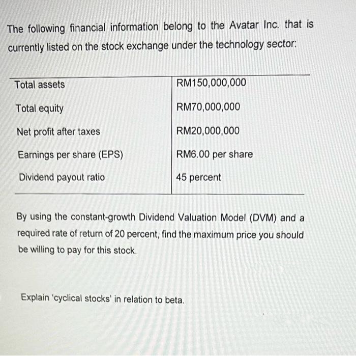 The following financial information belong to the Avatar Inc. that is
currently listed on the stock exchange under the technology sector:
Total assets
Total equity
Net profit after taxes
Earnings per share (EPS)
Dividend payout ratio
RM150,000,000
RM70,000,000
RM20,000,000
RM6.00 per share
45 percent
By using the constant-growth Dividend Valuation Model (DVM) and a
required rate of return of 20 percent, find the maximum price you should
be willing to pay for this stock.
Explain 'cyclical stocks' in relation to beta.