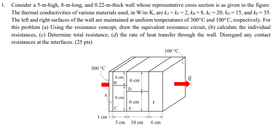 Consider a 5-m-high, 8-m-long, and 0.22-m-thick wall whose representative cross section is as given in the figure.
The thermal conductivities of various materials used, in W/m•K, are ka = kf= 2, kB = 8, kc= 20, kp= 15, and kɛ = 35.
The left and right surfaces of the wall are maintained at uniform temperatures of 300°C and 100°C, respectively. For
this problem (a) Using the resistance concept, draw the equivalent resistance circuit, (b) calculate the individual
resistances, (c) Determine total resistance, (d) the rate of heat transfer through the wall. Disregard any contact
resistances at the interfaces. (25 pts)
100 °C
300 °C
4 сm
B
6 ст
D
8 cm
6 cm
F
E
1 cm
5 cm 10 cm
6 ст
