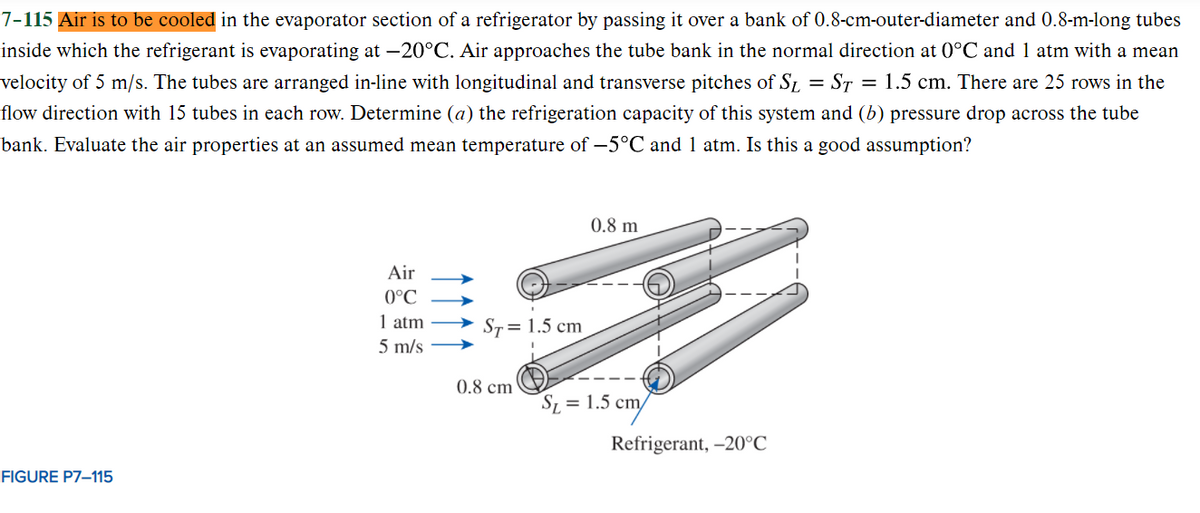 7-115 Air is to be cooled in the evaporator section of a refrigerator by passing it over a bank of 0.8-cm-outer-diameter and 0.8-m-long tubes
inside which the refrigerant is evaporating at –20°C. Air approaches the tube bank in the normal direction at 0°C and 1 atm with a mean
velocity of 5 m/s. The tubes are arranged in-line with longitudinal and transverse pitches of SL = ST = 1.5 cm. There are 25 rows in the
%D
flow direction with 15 tubes in each row. Determine (a) the refrigeration capacity of this system and (b) pressure drop across the tube
bank. Evaluate the air properties at an assumed mean temperature of -5°C and 1 atm. Is this a good assumption?
0.8 m
Air
0°C
1 atm
ST = 1.5 cm
5 m/s
0.8 cm
1.5 cm/
S, =
Refrigerant, –20°C
FIGURE P7–115
