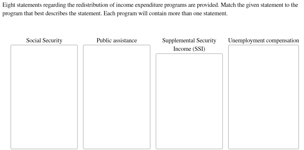 Eight statements regarding the redistribution of income expenditure programs are provided. Match the given statement to the
program that best describes the statement. Each program will contain more than one statement.
Social Security
Public assistance
Supplemental Security
Income (SSI)
Unemployment compensation