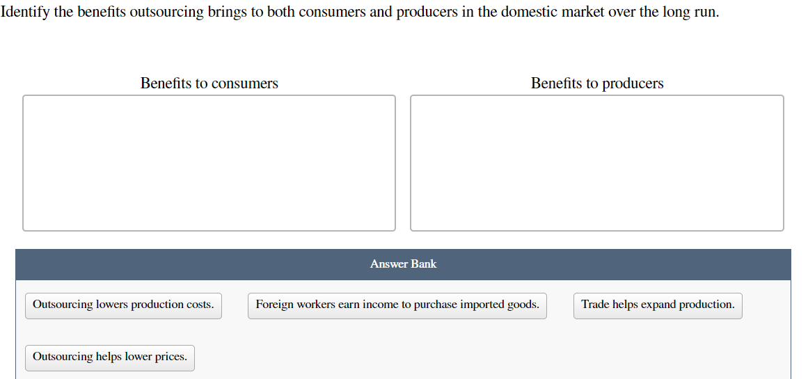 Identify the benefits outsourcing brings to both consumers and producers in the domestic market over the long run.
Benefits to consumers
Outsourcing lowers production costs.
Outsourcing helps lower prices.
Answer Bank
Benefits to producers
Foreign workers earn income to purchase imported goods.
Trade helps expand production.