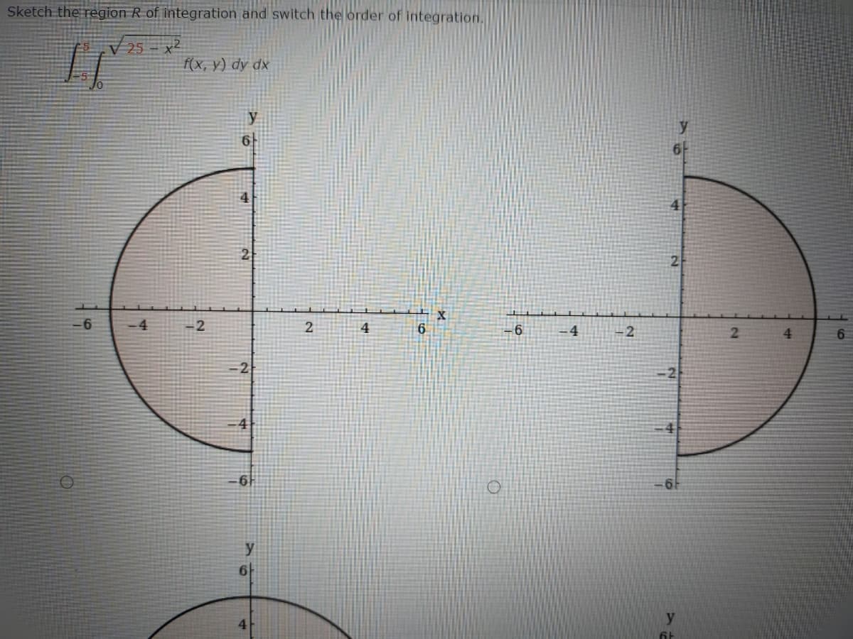 Sketch the region R of integration and switch the order of integration.
V 25 - x2
f(x, y) dy dx
y
2
-6
-4
-2
2
4
6
-6
4
-2
2
4
-2
-4
-6F
y
61
4.
fit
