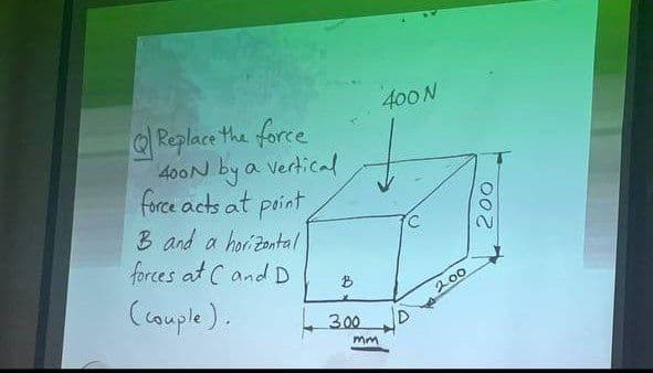 Replace the force
400N by a vertical
force acts at point
B and a horizontal
forces at Cand D
(couple).
B
3.00
mm
400 N
fc
200
200