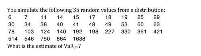 You simulate the following 35 random values from a distribution:
7
11
14
15
17
18
19
25
29
30
34
38
40
41
48
49
53
60
63
78
103
124
140
192
198 227
330 361 421
514
546 750
864
1638
What is the estimate of VaRo.9?
