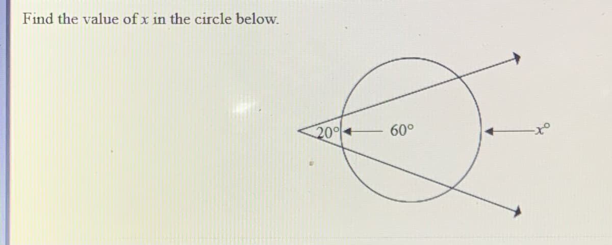 Find the value of x in the circle below.
20
60°
