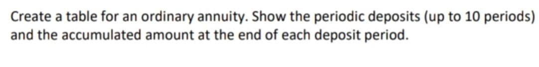 Create a table for an ordinary annuity. Show the periodic deposits (up to 10 periods)
and the accumulated amount at the end of each deposit period.
