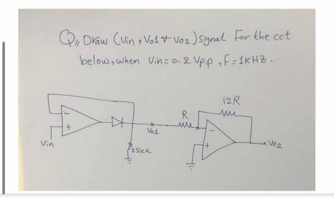 P, Draw (vin g Vod t Voz ) Signal For the cct
below, when Uin= o-2 Vp.p ,f= 1KH3.
12R
Voi
* Vo2
Vin
25K2
