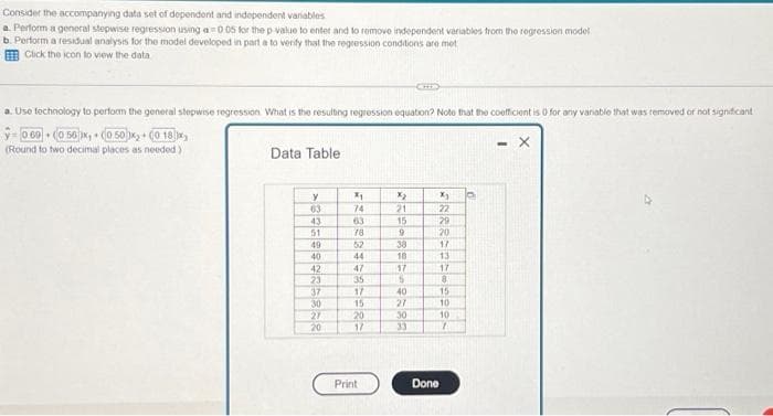 Consider the accompanying data set of dependent and independent variables
a. Perform a general stopwise regression using a 0.05 for the p-value to enter and to remove independent variables from the regression model
b. Perform a residual analysis for the model developed in part a to verify that the regression conditions are met
Click the icon to view the data
a. Use technology to perform the general stepwise regression What is the resulting regression equation? Note that the coefficient is 0 for any variable that was removed or not significant
-0.69 (050), (050)+(018)
- X
(Round to two decimal places as needed)
•
Data Table:
y
63
43
51
49
40
42
23
37
30
27
20
31
FR
74
63
78
3534
52
44
47
35
17
15
20
17
Print
X₂
21
259.
15
9
38
18
17
5
40
27
30
33
x₂
22
aadosa 2NNG
29
20
17
13
17
8
15
10
10
Done
1