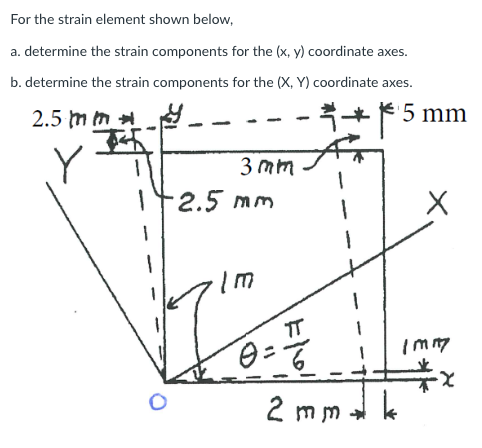 For the strain element shown below,
a. determine the strain components for the (x, y) coordinate axes.
b. determine the strain components for the (X, Y) coordinate axes.
2.5 m m
3
**5 mm
3 mm
·2.5 mm
TT
2 mm +
