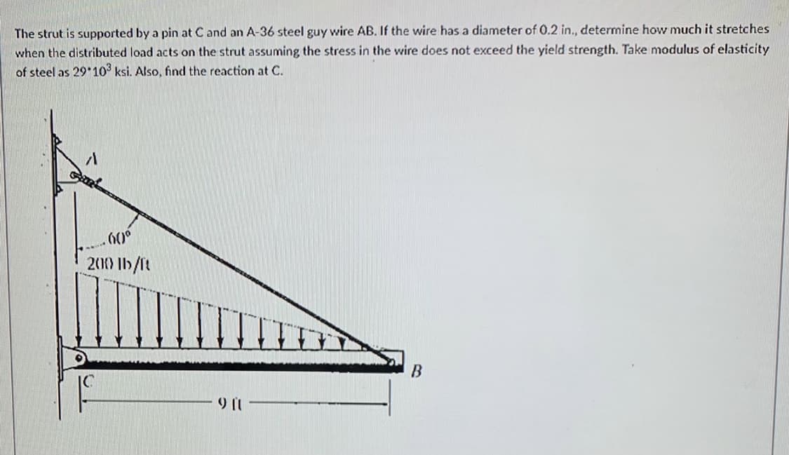 The strut is supported by a pin at C and an A-36 steel guy wire AB. If the wire has a diameter of 0.2 in., determine how much it stretches
when the distributed load acts on the strut assuming the stress in the wire does not exceed the yield strength. Take modulus of elasticity
of steel as 29*10° ksi. Also, find the reaction at C.
200 lb/ft
