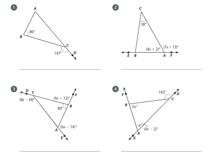 A
38°
80°
B
(7x+ 13)°
(4х + 2)°
147°
Е в
A F
3
4
142°
(8х — 34)
(4х + 12)°,
В
B
5x°
80°
(6х — 14)°
А
(4х — 2)°
A.
E
