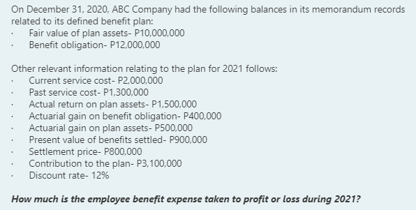 On December 31, 2020, ABC Company had the following balances in its memorandum records
related to its defined benefit plan:
Fair value of plan assets- P10,000,000
Benefit obligation- P12,000,000
Other relevant information relating to the plan for 2021 follows:
Current service cost- P2,000,000
Past service cost- P1,300,000
Actual return on plan assets- P1,500,000
Actuarial gain on benefit obligation- P400,000
Actuarial gain on plan assets- P500,000
Present value of benefits settled- P900,000
Settlement price- P800,000
Contribution to the plan- P3,100,000
Discount rate- 12%
How much is the employee benefit expense taken to profit or loss during 2021?
