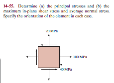 14-55. Determine (a) the principal stresses and (b) the
maximum in-plane shear stress and average normal stress.
Specify the orientation of the element in cach case.
20 MPa
- 100 MPa
40 MPa
